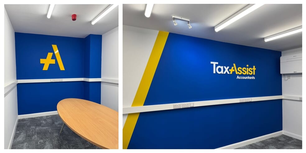 A collage of the Taxassist Accountants interior signage and decor.